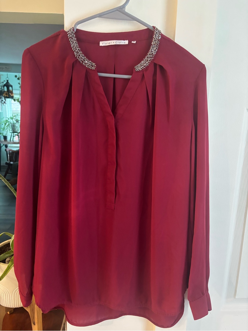 Violet & Claire Wine Red Beaded-Collar Blouse